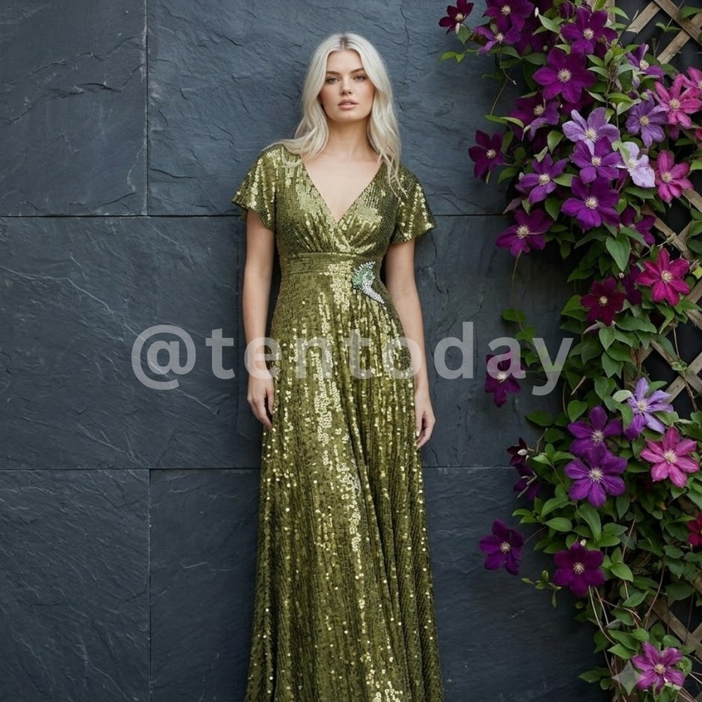 $598 Mac‎ Duggal Size 6 Green Sequin V-Neck Flutter Sleeve Long Maxi Gown Dress
